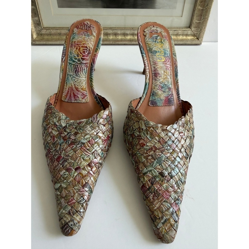 Mikaela Woven Leather Floral Pointed Toe Mules Multicolored Stiletto Heels - Picture 9 of 12